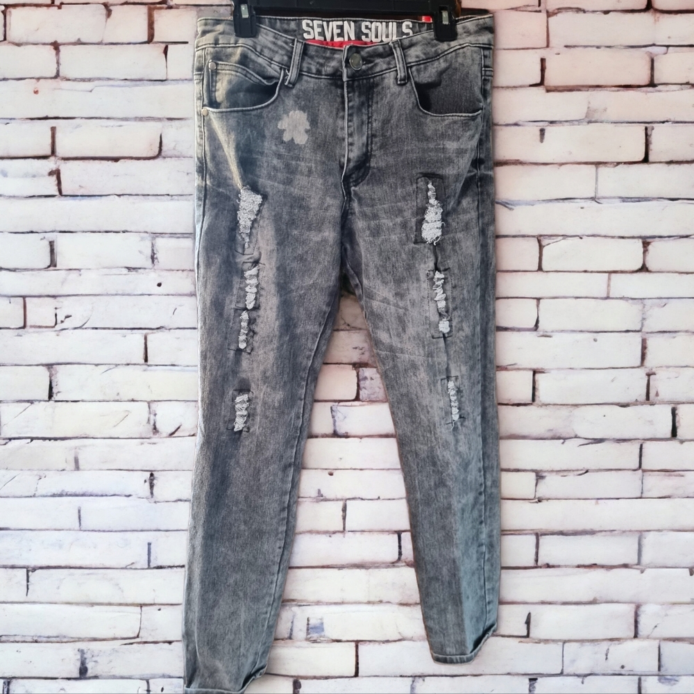 Seven Souls Gray Distressed Slim Fit Men's Jeans Size 30